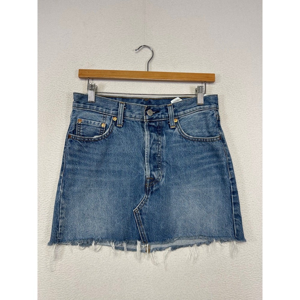 Boho Levi's Womens 26 Blue Denim Frayed Raw Hem Mini Skirt Y2K Western Festival